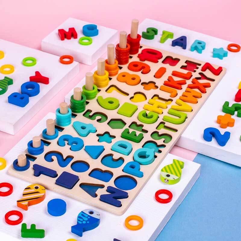 Fidtoy Wooden Numbers & Shapes Learning Toy for Toddlers | Montessori Counting & Color Sorting