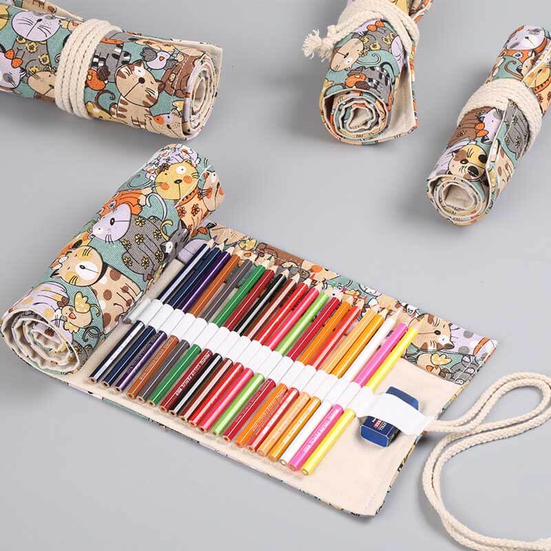 Fidtoy 36-Hole Rolling Pencil Case for Kids and Artists, Canvas Pencil Roll Organizer with Cartoon Cat Design