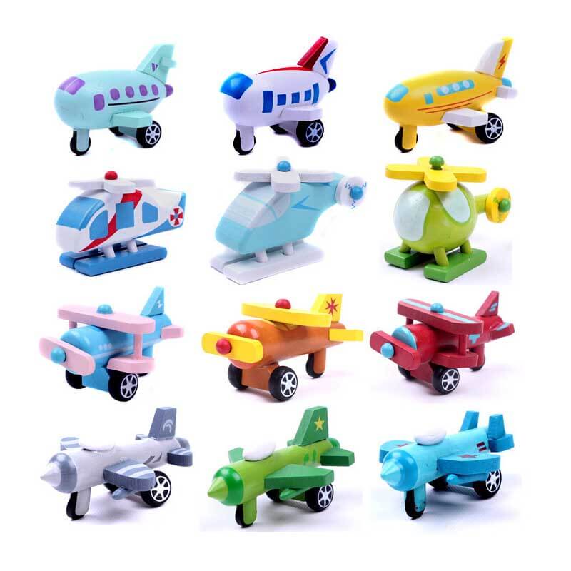 Fidtoy Wooden Rolling Airplane & Vehicle Set | Push-and-Roll Toy for Toddlers