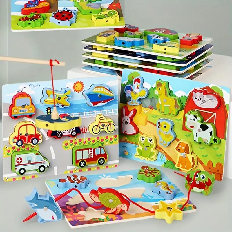 Fidtoy Puzzle magnétique 3D coloré à lacer - Design aléatoire, Puzzle de pêche et de laçage magnétique en bois, Jouet d'apprentissage précoce pour la motricité fine et l'association des couleurs, Âges 2-6