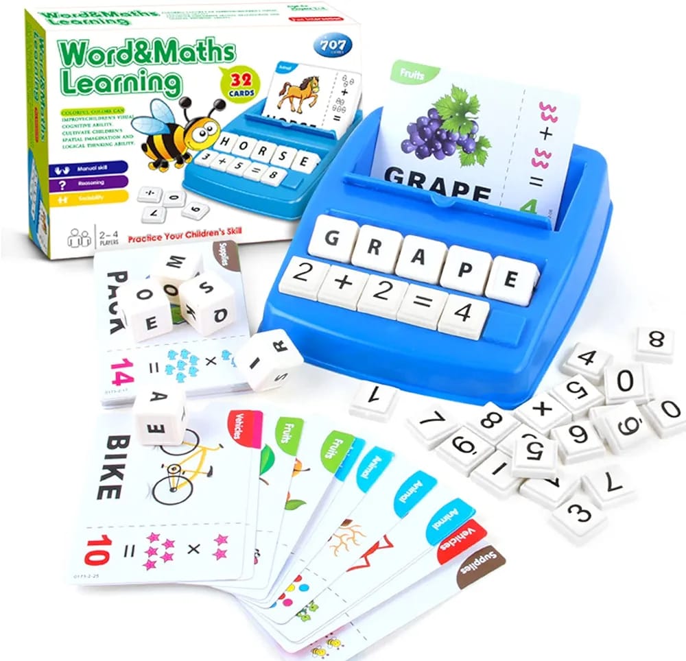 Fidtoy 2-en-1 Kit d'apprentissage des mots alphanumériques et des mathématiques, jeu préscolaire en plastique pour l l'orthographe et le comptage avec 64 cartes de mots, blocs de lettres, blocs de chiffres et symboles mathématiques pour les 2-6 ans