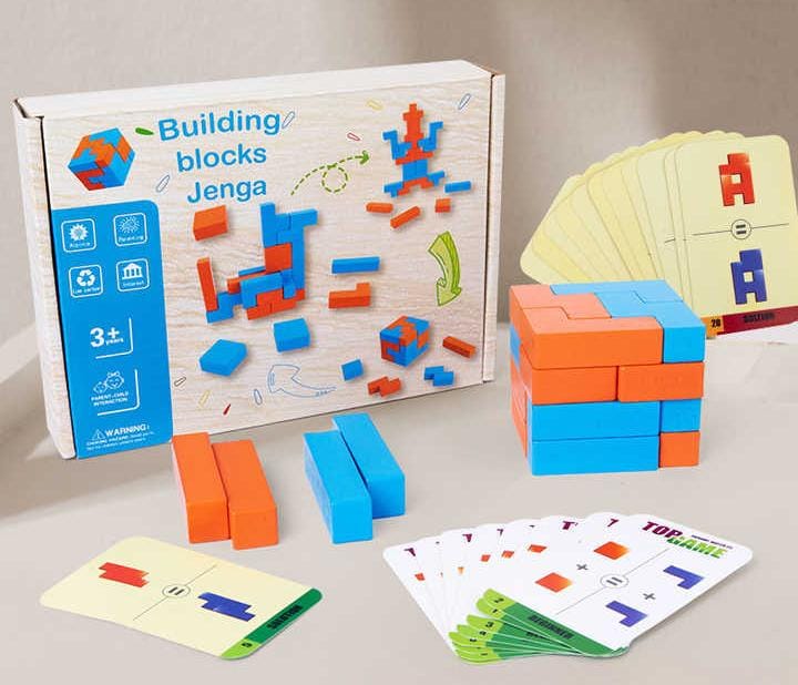 Fidtoy Shape Matching Cube Building Blocks for Kids Ages 3-8, Wooden Pattern Matching Puzzle Game with Orange and Blue Blocks, 54 Model Cards, Spatial Reasoning and Fine Motor Building Play