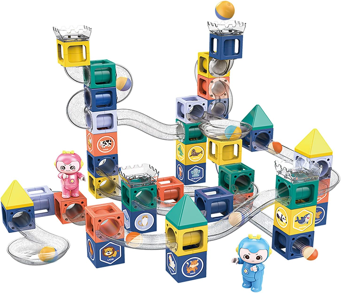 Fidtoy STEM Marble Run Magnetic Stacking Blocks with Dolls 52 Pieces for Kids Ages 3+, Plastic Magnetic Building Blocks Set with Marble Track, Stickers, 2 Dolls, Creative STEM Construction Toy