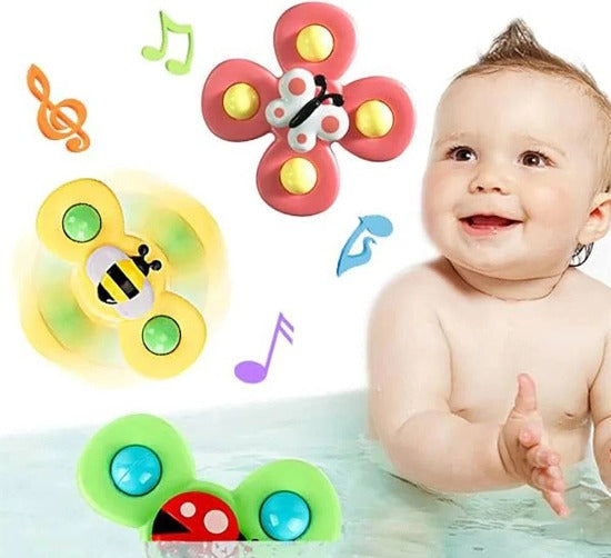 Fidtoy Suction Cup Activity Spinner Toy 3 Pieces for Babies 0-2, Colorful Insect Sensory Spinner Toys with Suction Cup Base, Plastic Round Tabletop Bath Travel Toy