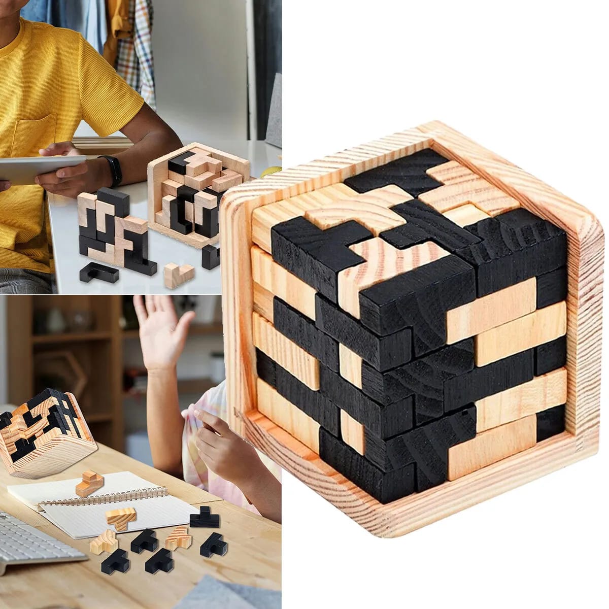 Fidtoy Wooden IQ Brain Teaser Puzzle Cube 54 Pieces 3D T Shape L Shape Logic Puzzle with Tin Box for Kids Ages 6+