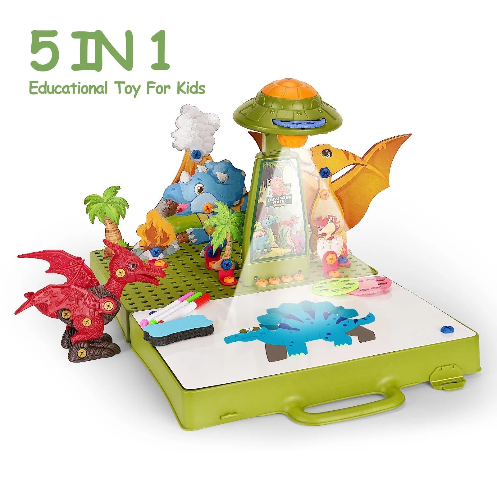 Fidtoy Projecteur de Dessin 5 en 1 avec Figurine Dinosaure à Monter, Jouet Projecteur de Dessin pour Enfants avec Puzzle 3D, Montage à Vis, Stylos Colorés et Tableau Réutilisable Âge 5+
