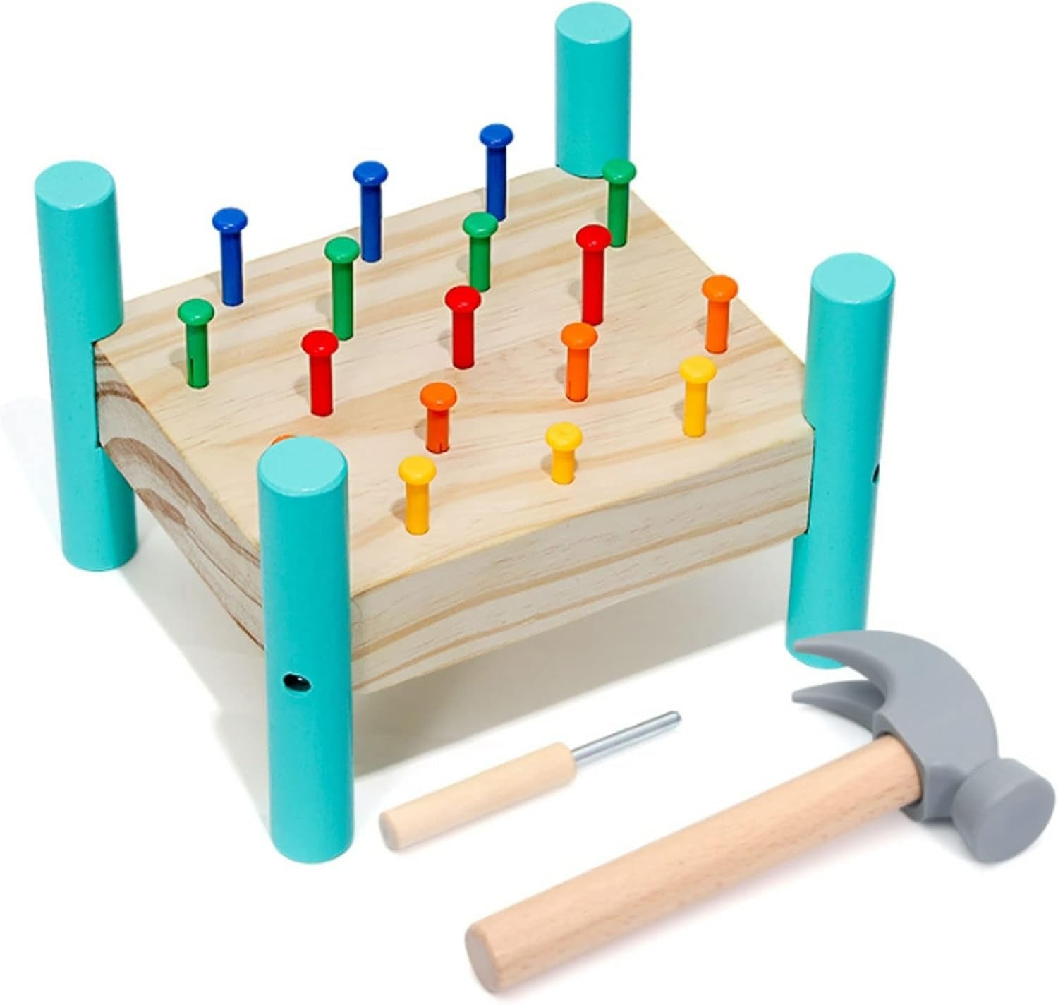 Fidtoy Interactive Nailing Wooden Table Activity Hammering Bench with Pegs and Hammer for Kids Fine Motor Play