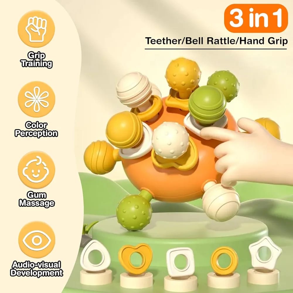 Fidtoy Jouet de dentition et hochet 3-en-1 en silicone pour bébé, hochet lapin pour bébés de 6 mois et plus, jouet à mâcher texturé pour les voyages, le jeu en poussette et le développement sensoriel précoce