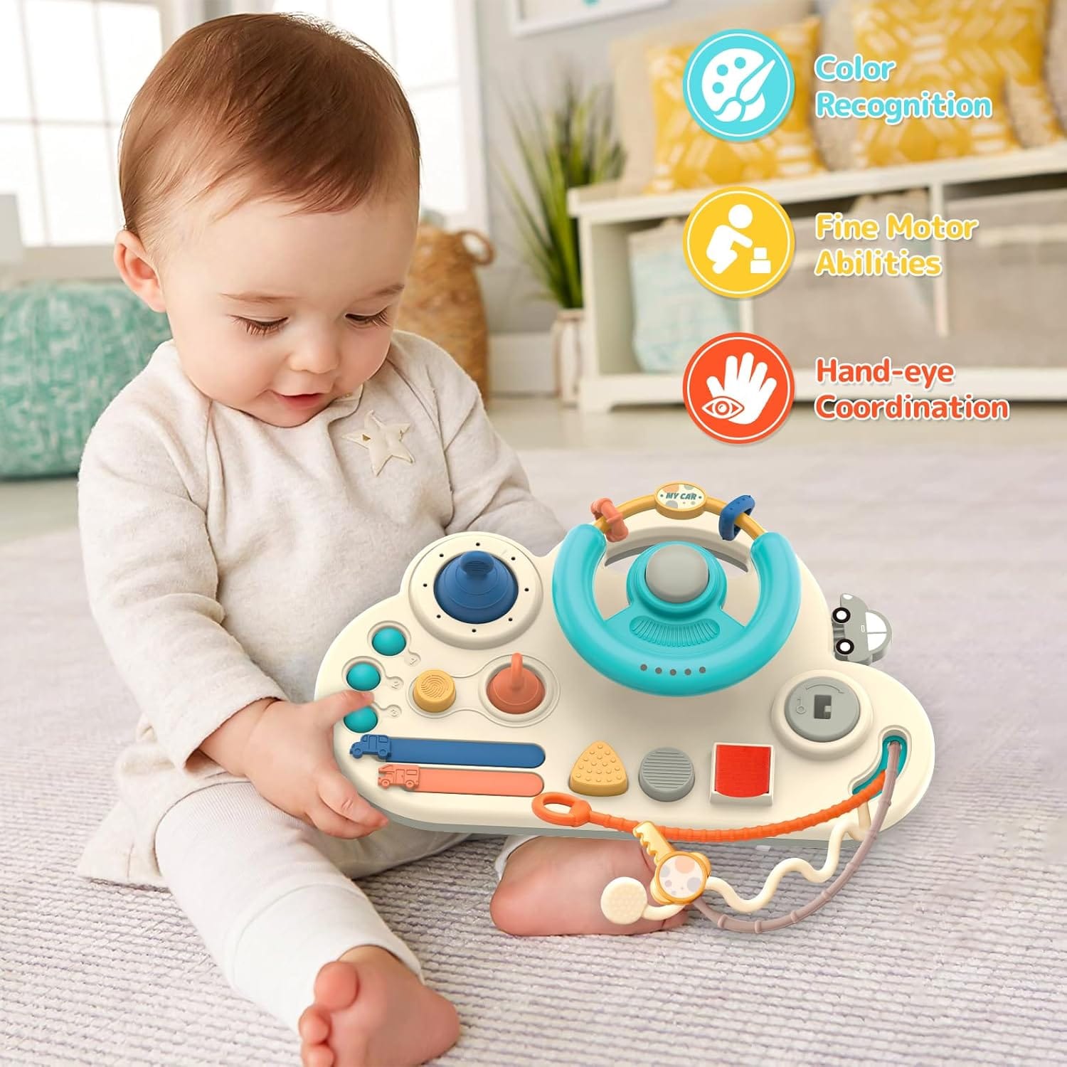 Fidtoy Busy Activity Steering Wheel Baby Pull String Toy for Toddlers – Montessori Sensory Travel Toy with Pull Strings, Bubbles, Buttons & Fine Motor Play