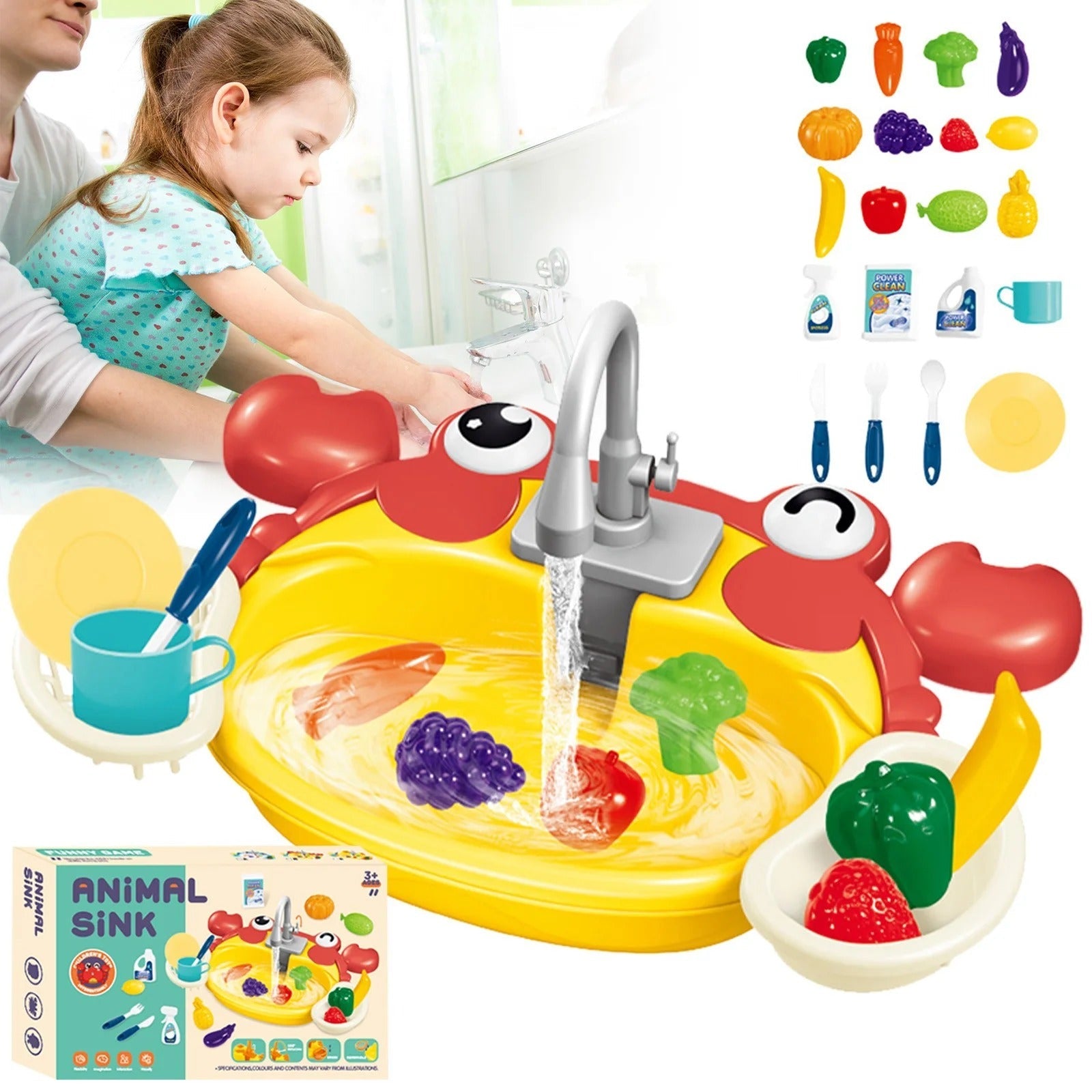 Fidtoy Cute Animal Kitchen Water Sink Pretend Play Set with Running Water Faucet for Kids Ages 3-8, Interactive Kitchen Role Play Toy with Fruits, Vegetables & Draining Basket