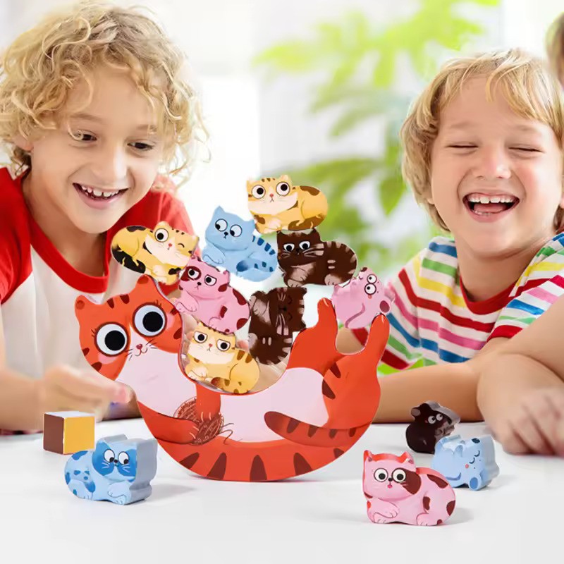 Fidtoy Wooden Kitten Balance 14 Pieces Learning Toy Montessori Animal Stacking Game for Kids Ages 3+