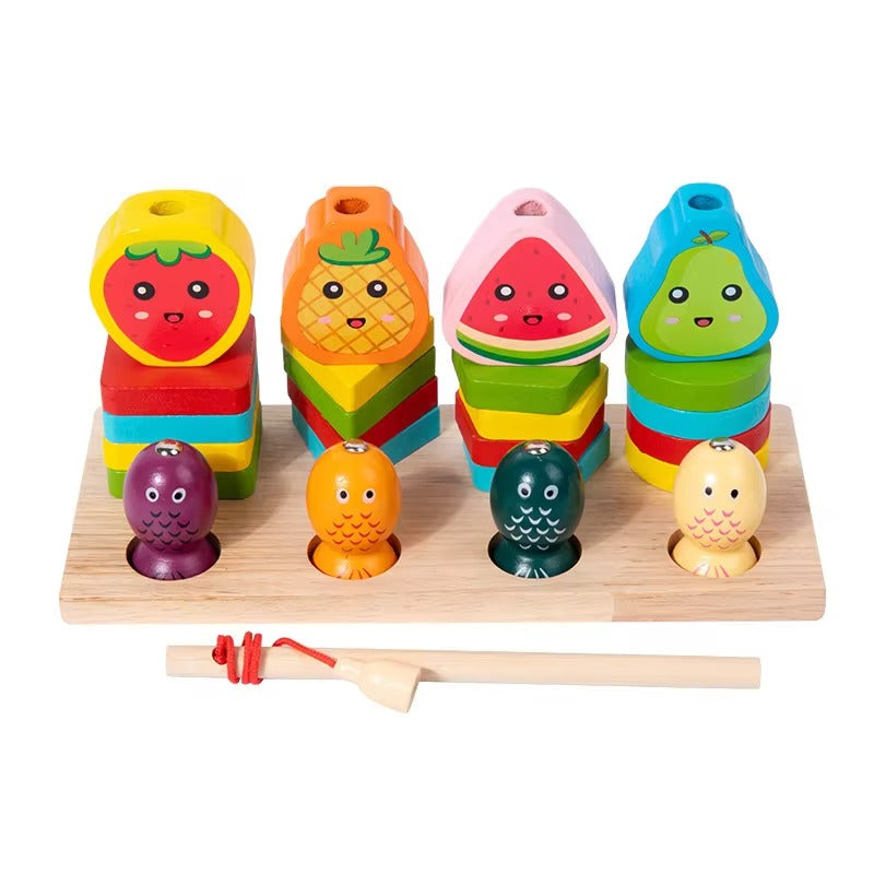 Fidtoy Jouet d'apprentissage Montessori 3-en-1 avec laçage et pêche de formes, jeu de tri de formes et de pêche magnétique en bois pour enfants de 2 à 6 ans, jeu éducatif pour développer la motricité fine, la reconnaissance des couleurs et l'empilement