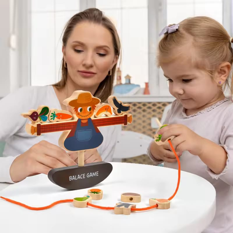 Fidtoy Wooden Farm Scarecrow Block Threading Balance Game for Kids | Montessori Fine Motor Stacking Toy, Farm Balance Blocks, Lacing & Spatial Reasoning Toy Age 3+