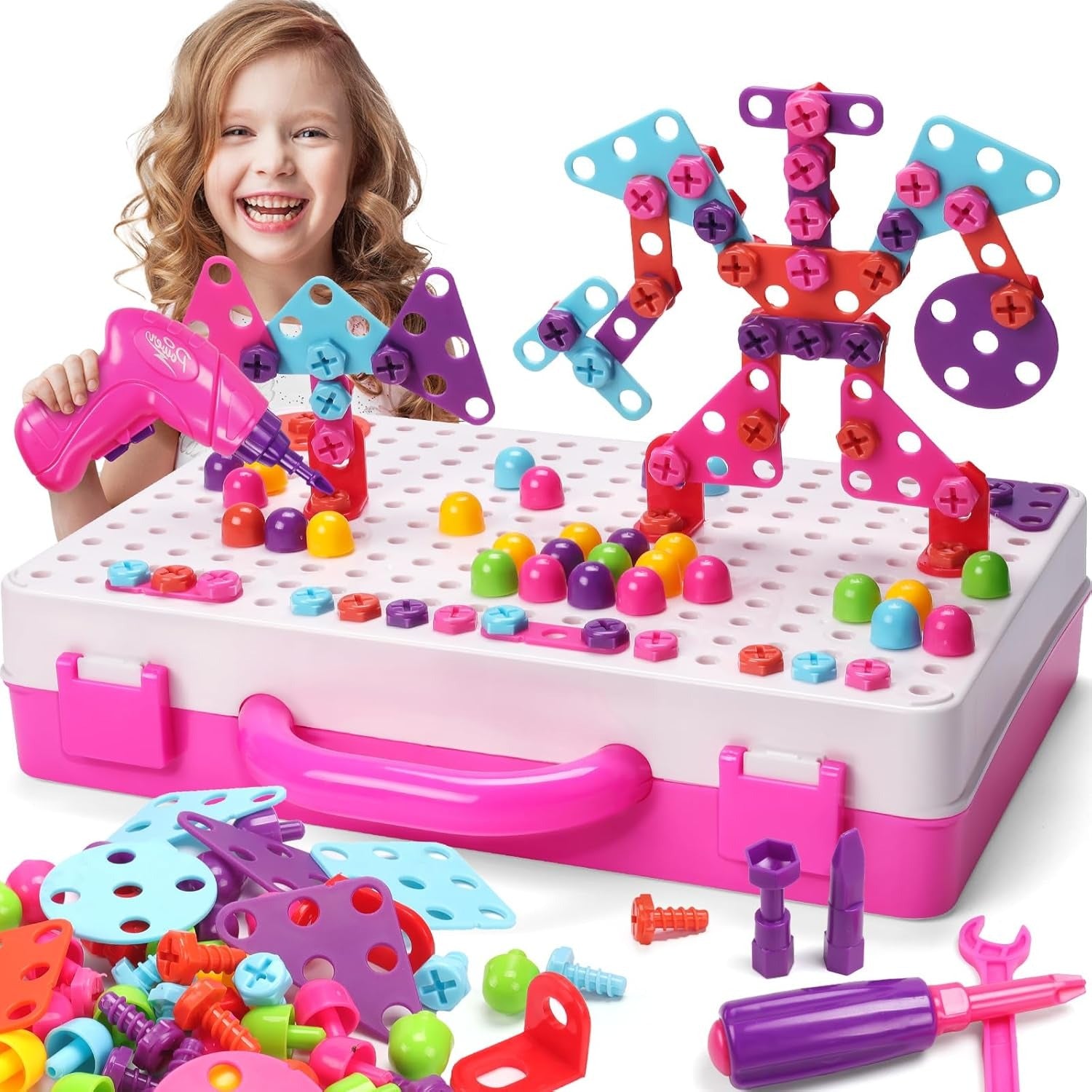 Fidtoy Ensemble de jeu d'outils de perceuse électrique créative magique 3 en 1 pour enfants | Jouet de construction STEM avec étui de rangement portable - Rose