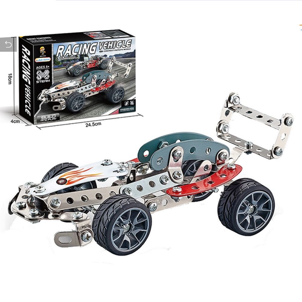 Fidtoy STEAM Racing Vehicle Steel Construction Model Kit for Kids Ages 8+, 105-Piece Metal Race Car Building Toy with Screws and Nuts