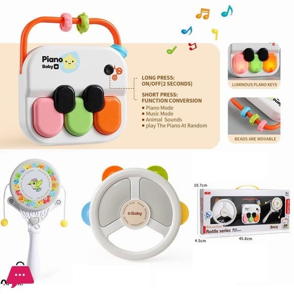 Fidtoy Série de hochets d'éveil musical 3-en-1, ensemble de hochets musicaux pour bébé avec lumières, jouet sensoriel piano, tambourin pour les 12 mois et plus
