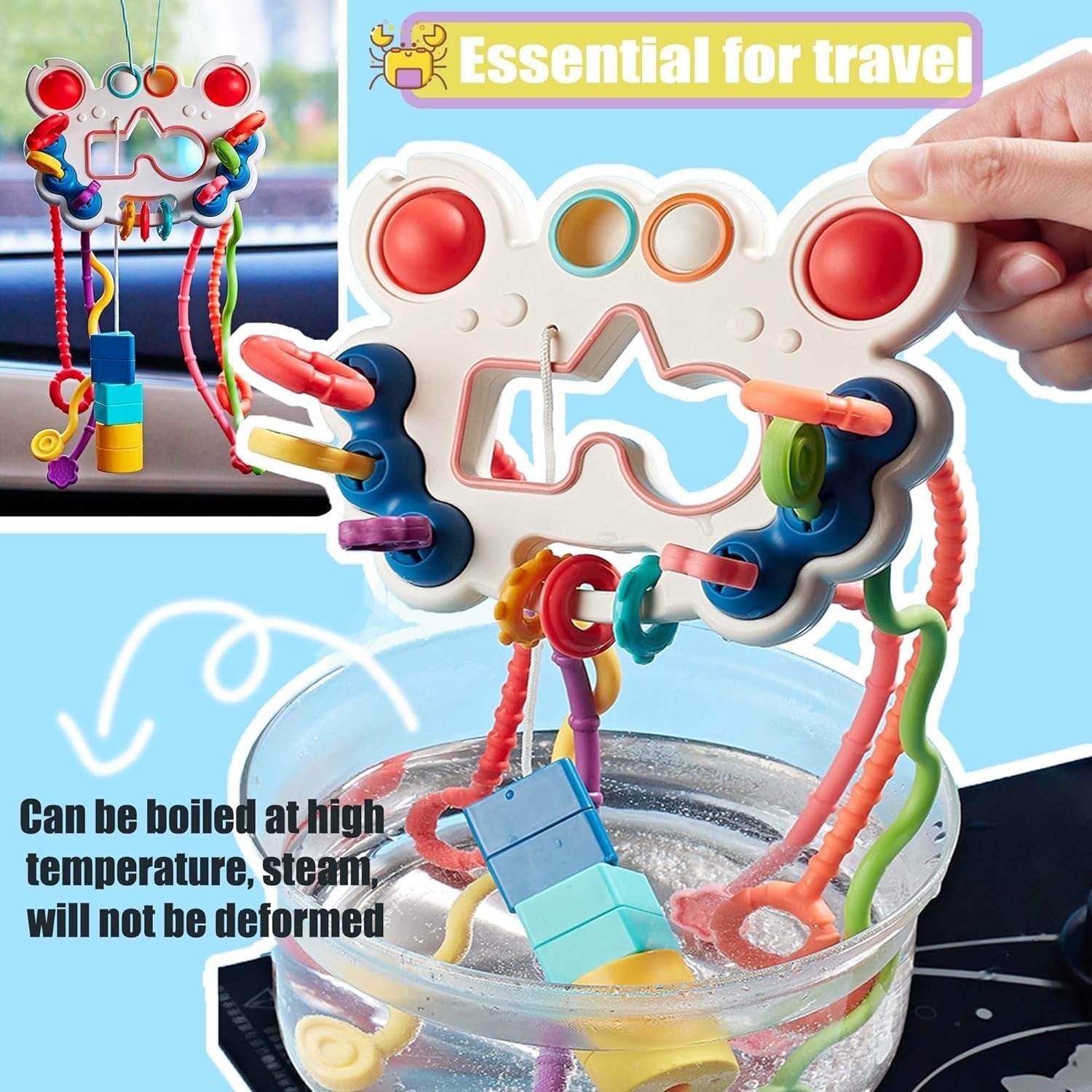 Fidtoy Jouet d'éveil et sensoriel 5-en-1 à tirer pour bébés, Jouet à tirer en silicone en forme de crabe avec boutons-poussoirs, textures, motricité fine et jeu de voyage, âge 0-2 ans