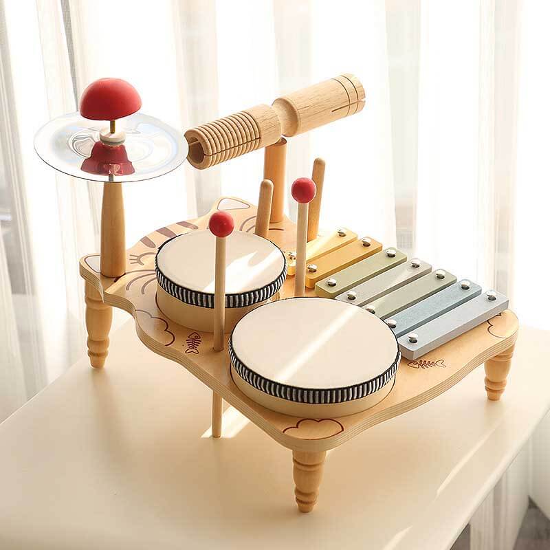 Fidtoy Wooden Percussion Instruments Set for Kids - Xylophone, Drum, Cymbals