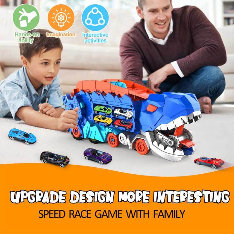 Fidtoy Camión Transportador de Dinosaurios 4 en 1, Pista de Carreras de Juguete