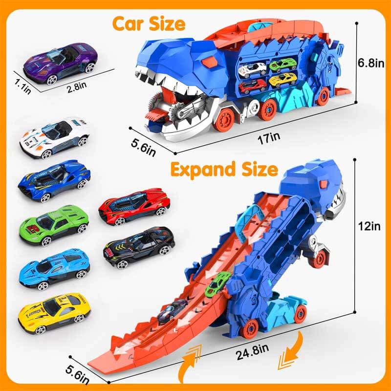 Fidtoy Camión Transportador de Dinosaurios 4 en 1, Pista de Carreras de Juguete