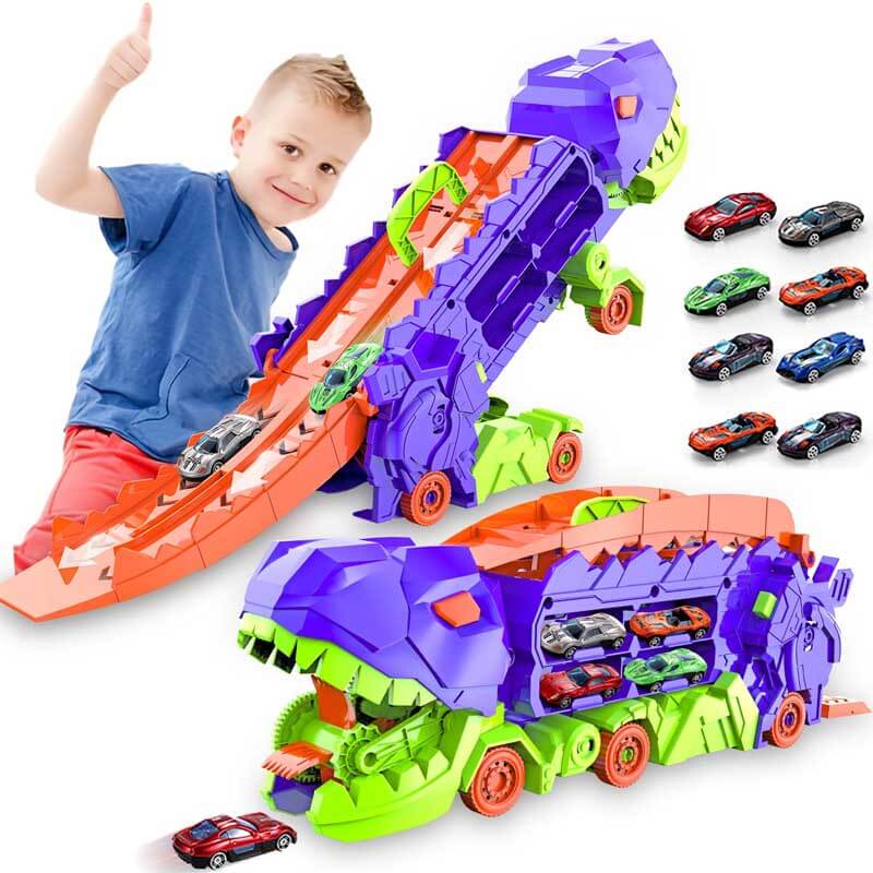 Fidtoy Camión Transportador de Dinosaurios 4 en 1, Pista de Carreras de Juguete