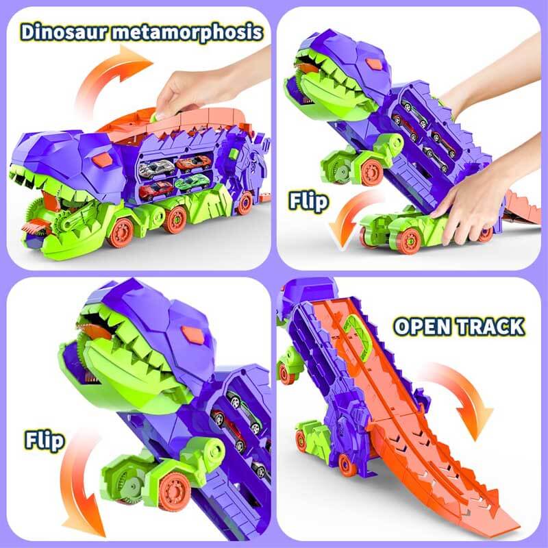 Fidtoy Camión Transportador de Dinosaurios 4 en 1, Pista de Carreras de Juguete