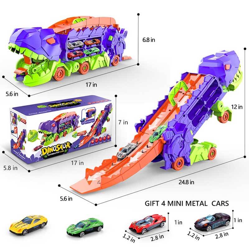 Fidtoy Camión Transportador de Dinosaurios 4 en 1, Pista de Carreras de Juguete