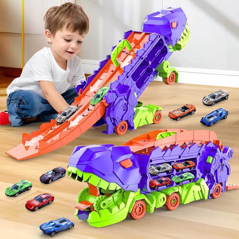 Fidtoy Camión Transportador de Dinosaurios 4 en 1, Pista de Carreras de Juguete