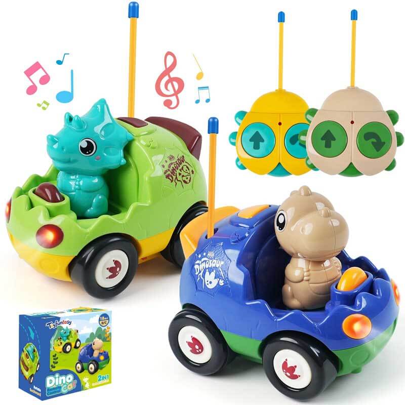 Fidtoy RC Dinosaur Car Toy 2 Pack Remote Control Cars for Kids Toddlers with Controllers Lights Sound Racing Toy for Indoor Play