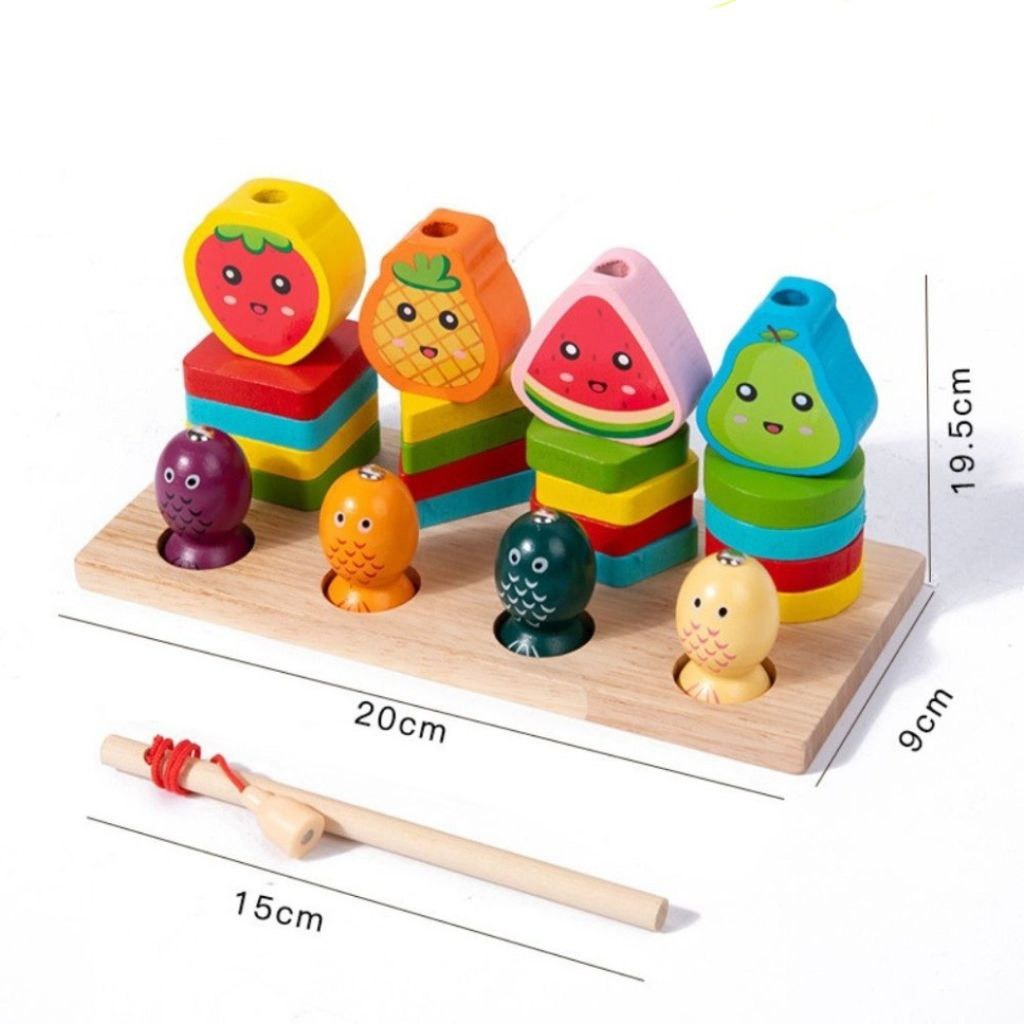 Fidtoy Jouet d'apprentissage Montessori 3-en-1 avec laçage et pêche de formes, jeu de tri de formes et de pêche magnétique en bois pour enfants de 2 à 6 ans, jeu éducatif pour développer la motricité fine, la reconnaissance des couleurs et l'empilement