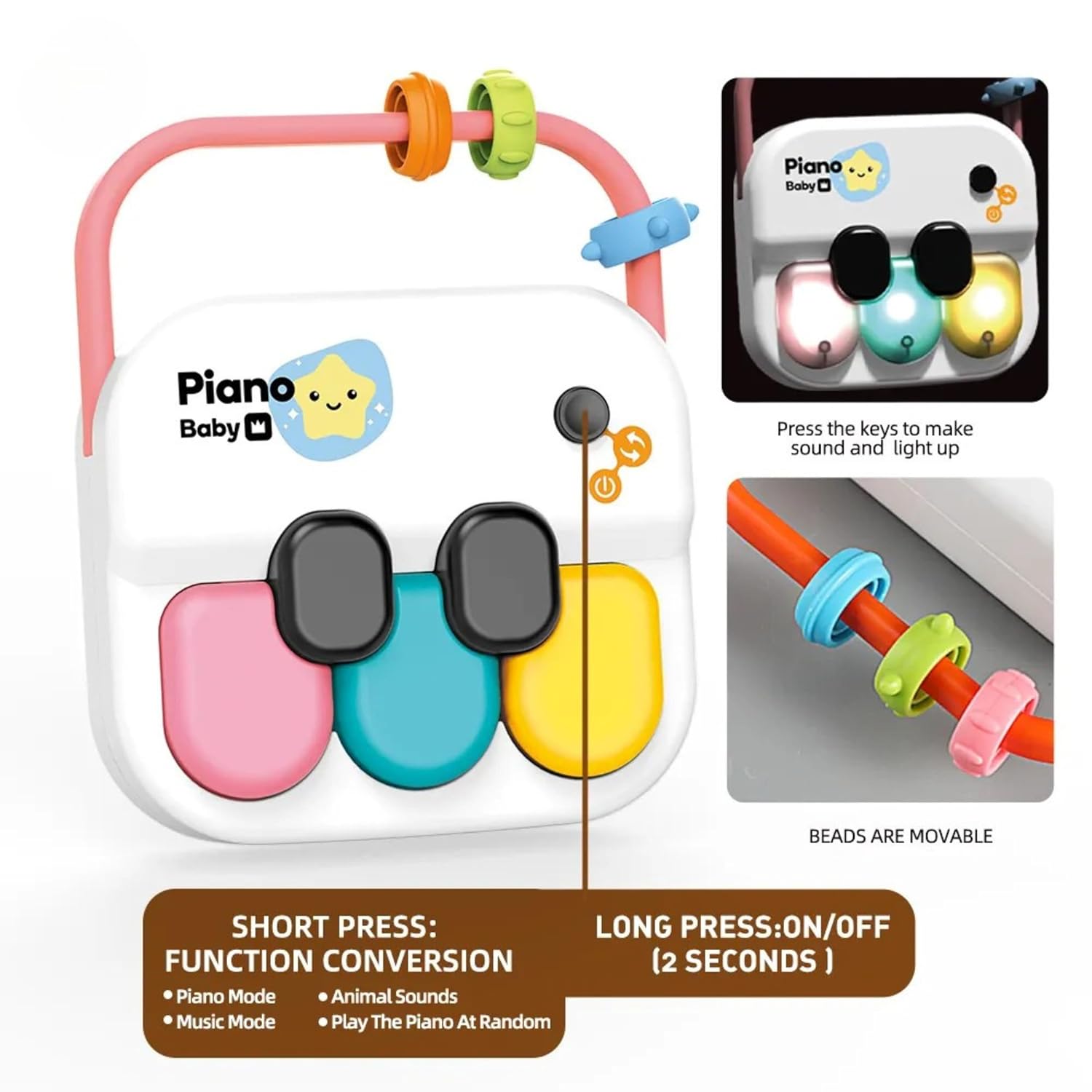 Fidtoy Série de hochets d'éveil musical 3-en-1, ensemble de hochets musicaux pour bébé avec lumières, jouet sensoriel piano, tambourin pour les 12 mois et plus
