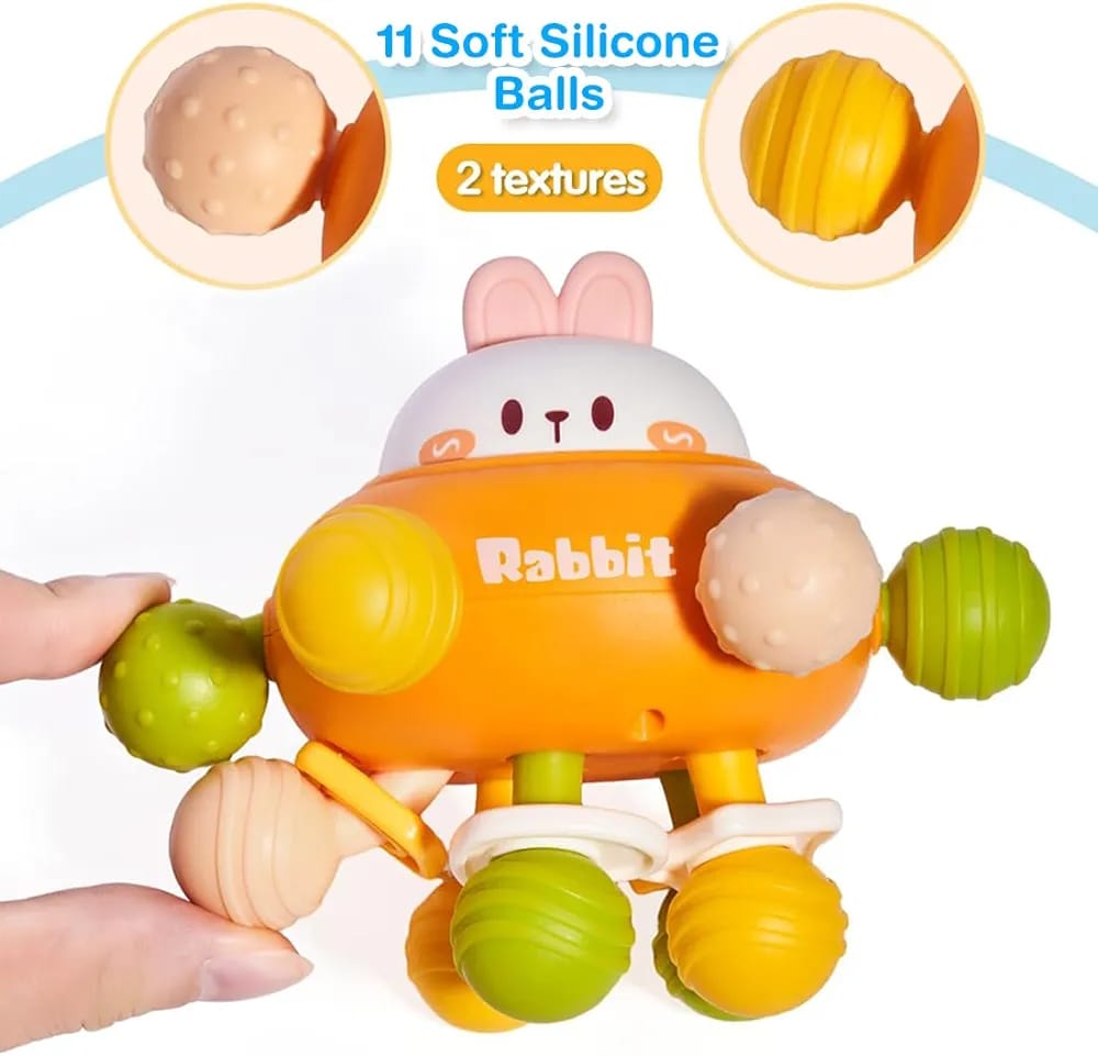 Fidtoy Jouet de dentition et hochet 3-en-1 en silicone pour bébé, hochet lapin pour bébés de 6 mois et plus, jouet à mâcher texturé pour les voyages, le jeu en poussette et le développement sensoriel précoce