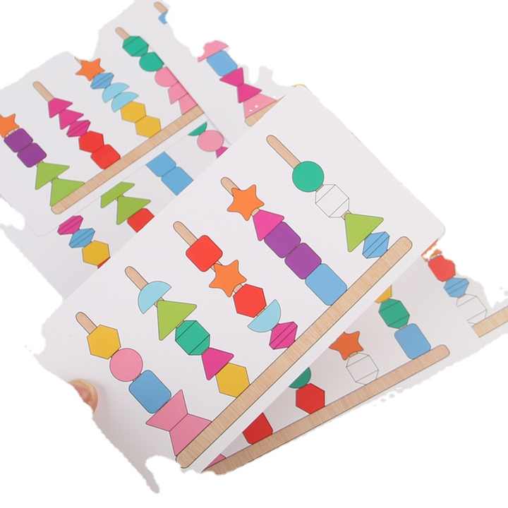 Fidtoy Wooden Five Sets of Shape Columns Lacing and Fishing Game 30 Beads Sorting Stacking Toy for Kids Ages 3+