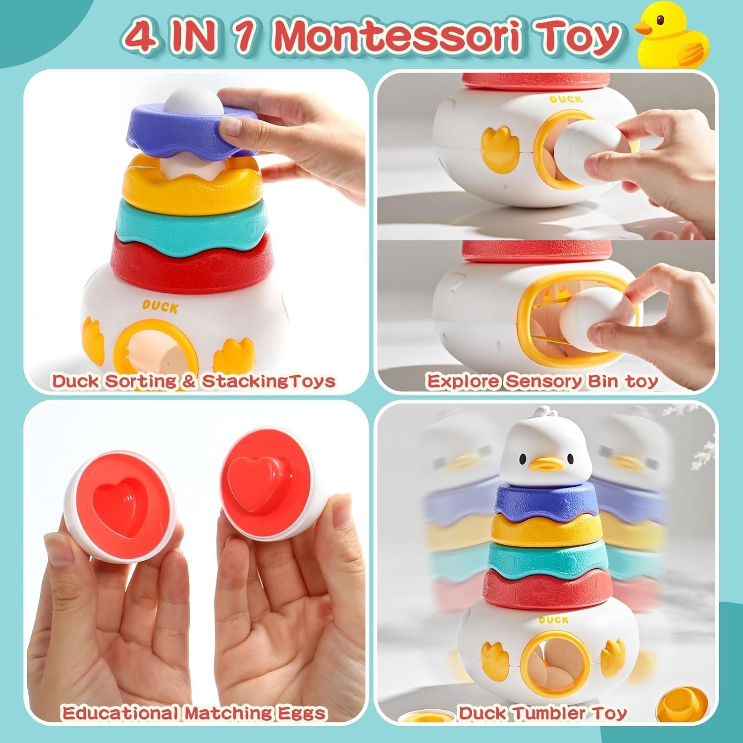 Fidtoy Jouet Culbuto Canard 2-en-1 et Jeu d'Association d'Œufs, Blocs de Construction Canard en Plastique avec 6 Œufs à Assortir, Jouet d'Apprentissage Sensoriel pour la Motricité Fine, 12 Mois et Plus