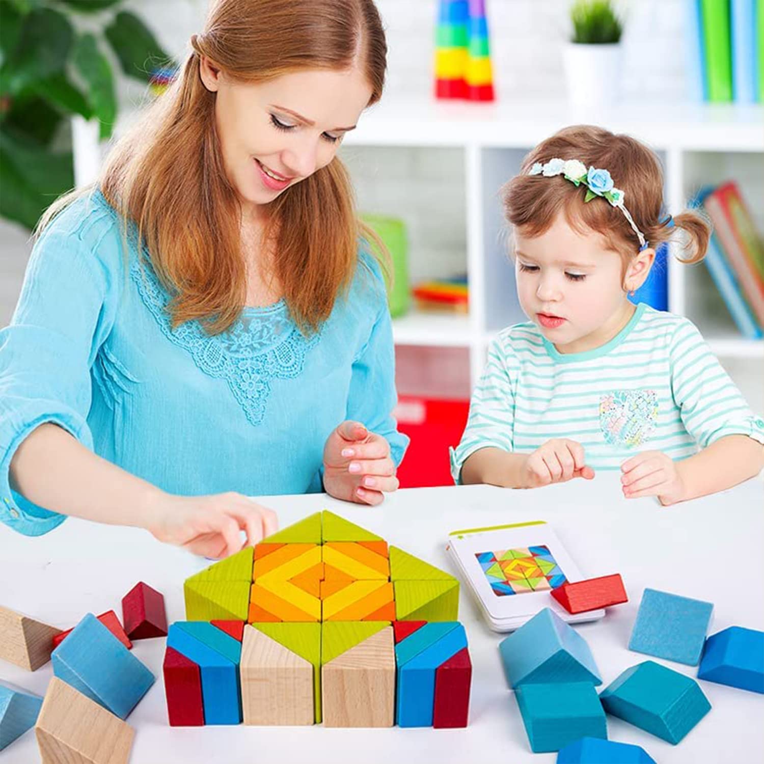 Fidtoy Puzzle Géométrique en Bois 3D, Casse-tête de 48 Pièces en Bois à Empiler avec Cartes de Modèles, Jouet Éducatif STEM Montessori pour Enfants de 5 Ans et Plus