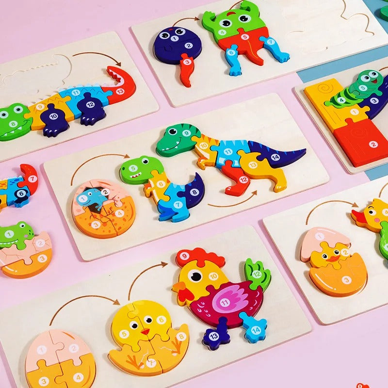 Fidtoy 3D Cognitive Puzzle of Animal Growth - Random Animals, Wooden Animal Growth Puzzle with Numbered Pieces, Montessori Nature Learning Toy for Kids
