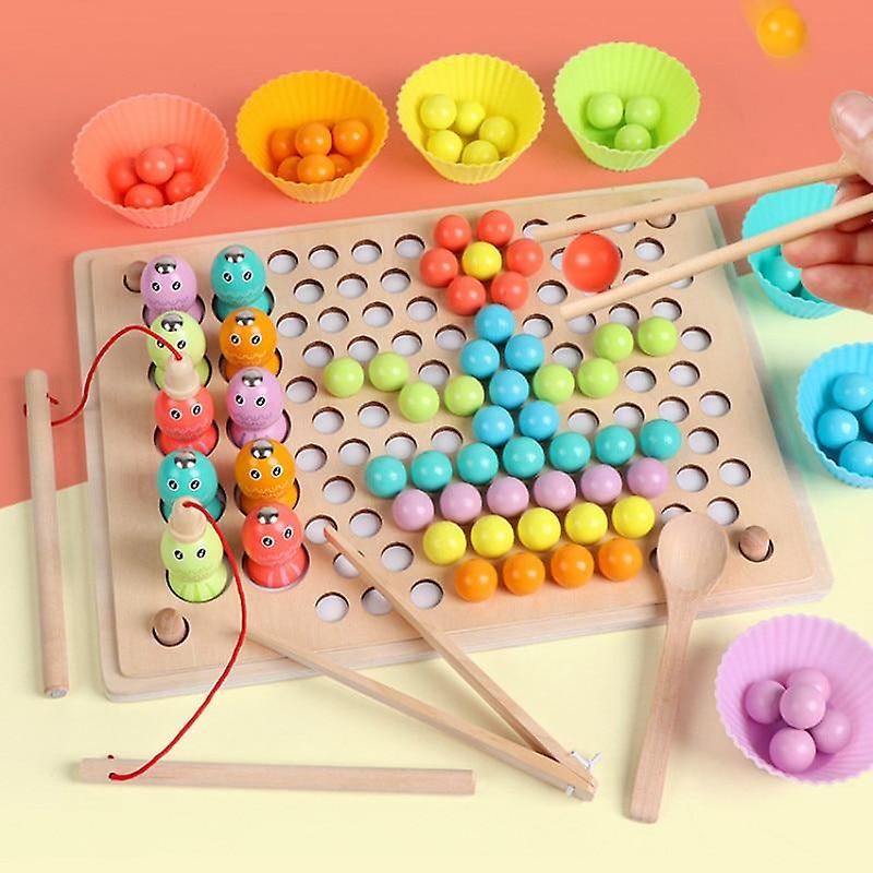 Fidtoy Jouet en bois magnétique de pêche 3 en 1 avec support de perles colorées, jouet de tri de perles en bois avec cartes de motifs, jouet d'apprentissage préscolaire pour la motricité fine, à partir de 3 ans