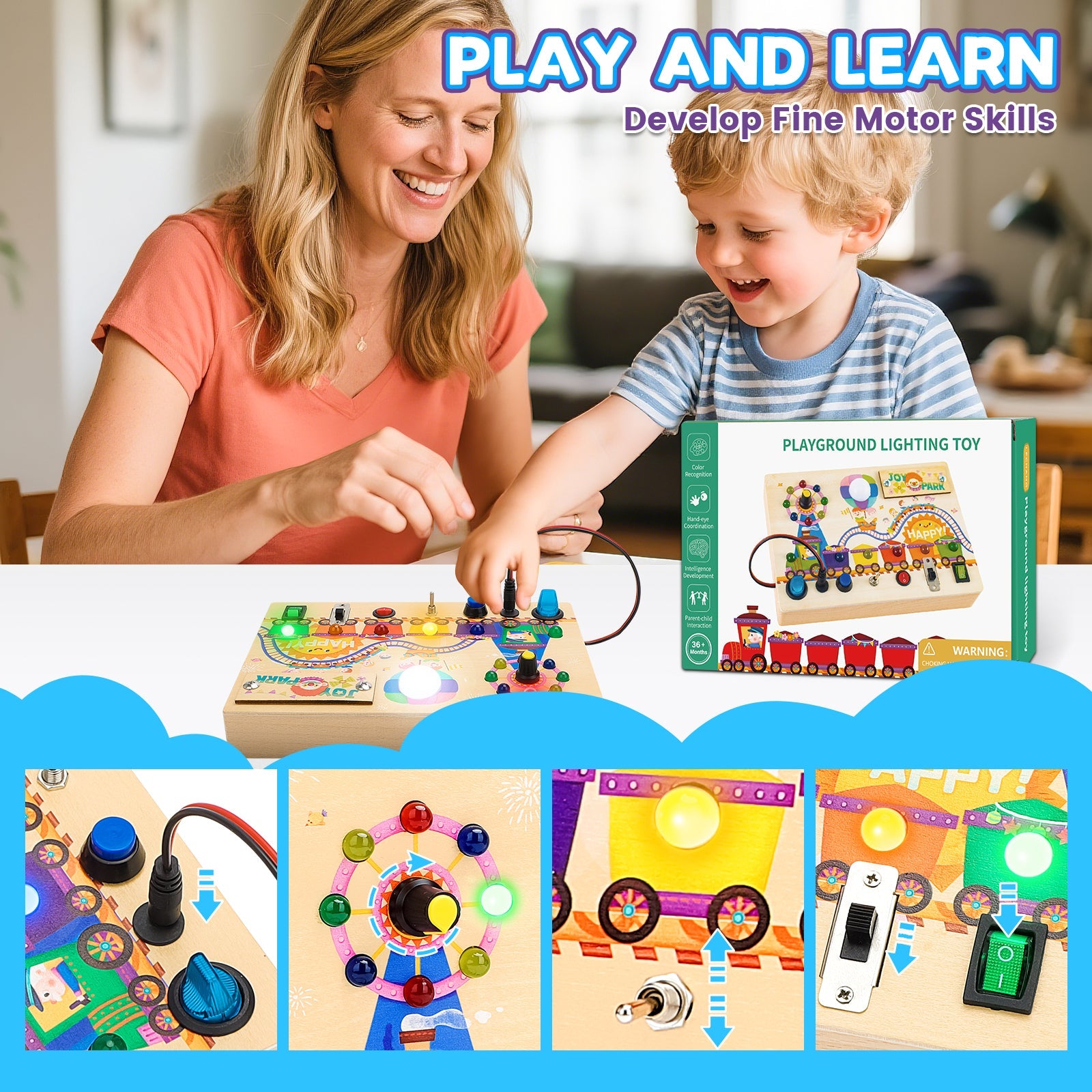 Fidtoy Montessori Wooden Busy Board -Light-Up Sensory Activity Toy for Toddlers, Fine Motor Skills Learning Toy for Ages 1-4, Travel-Friendly Fidget Board for Boys & Girls