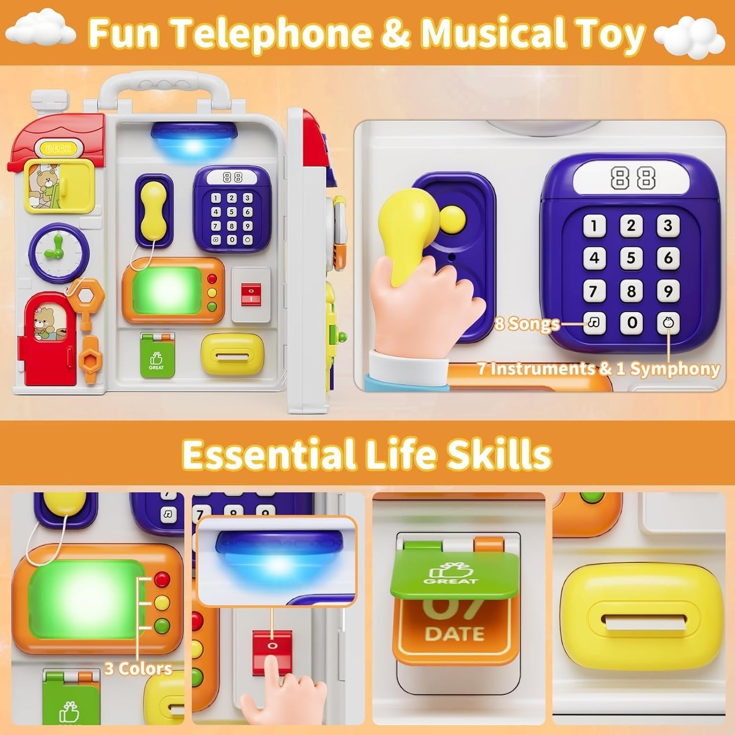 Fidtoy Montessori Sensory Musical Busy Board for Toddlers Multiple Activities Fine Motor Learning Toy Age 12M+