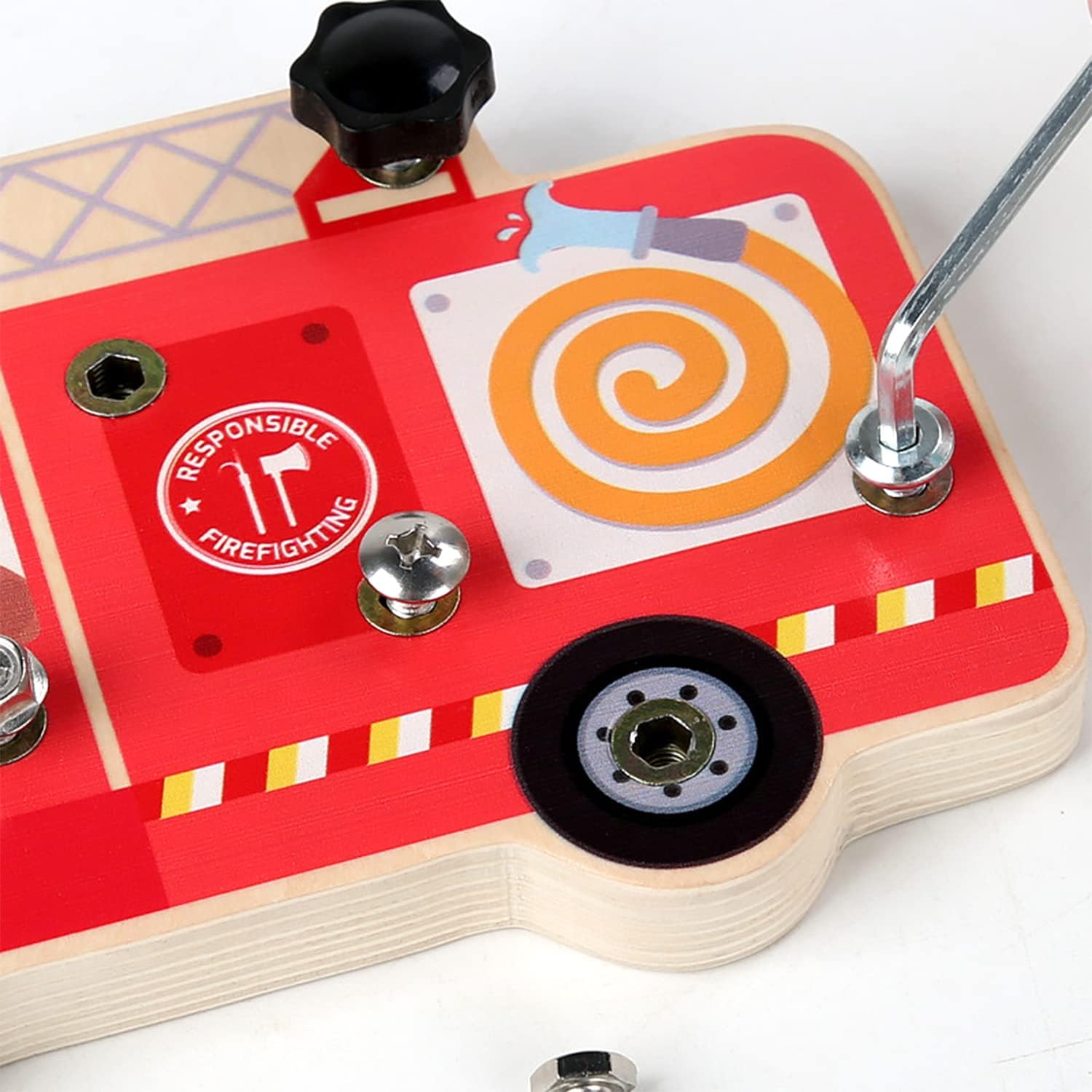 Fidtoy Wooden Montessori Disassembly Fire Truck Screw Board Fine Motor Tool Toy for Kids Ages 3+