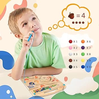 Fidtoy Wooden Magnetic Color and Number Maze Board Montessori Squirrel Bead Sorting Toy for Kids Ages 2 to 6
