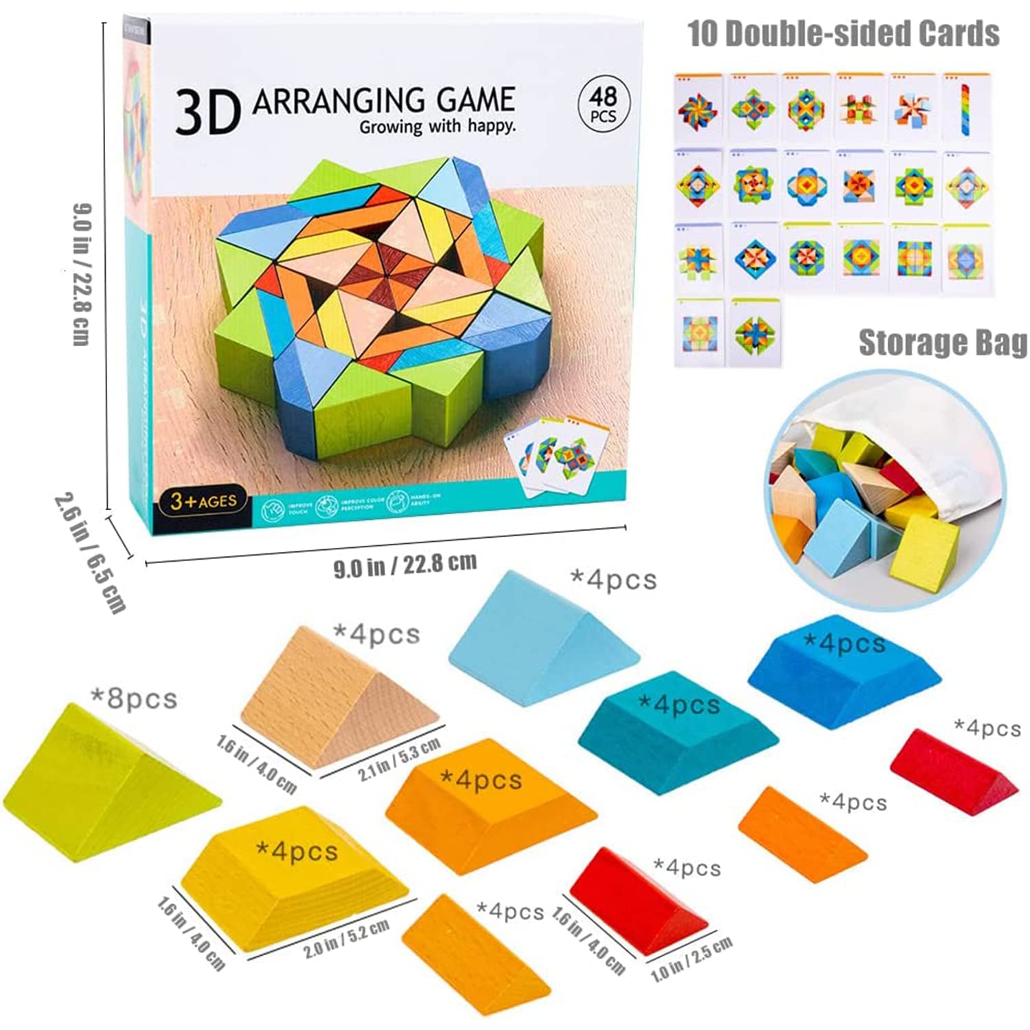 Fidtoy Puzzle Géométrique en Bois 3D, Casse-tête de 48 Pièces en Bois à Empiler avec Cartes de Modèles, Jouet Éducatif STEM Montessori pour Enfants de 5 Ans et Plus