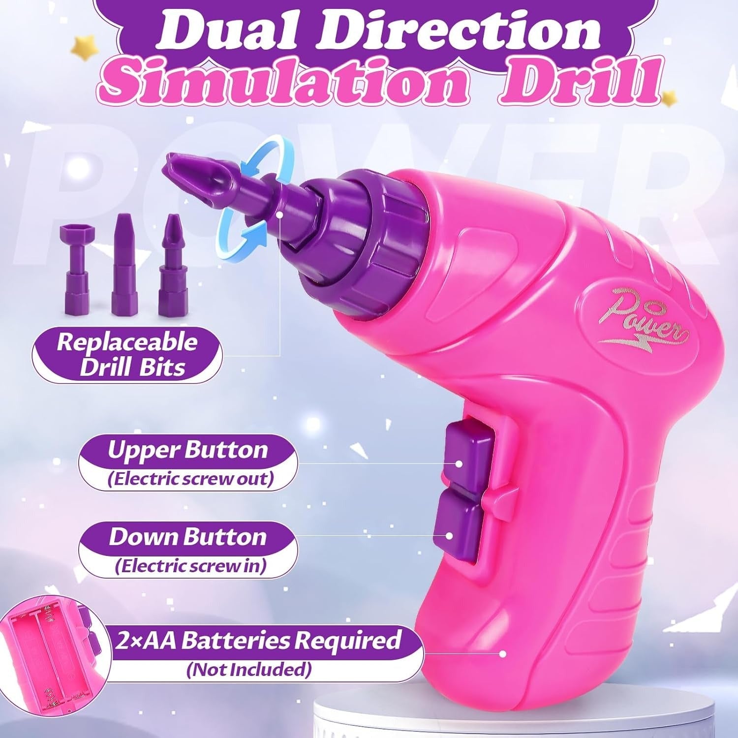 Fidtoy Ensemble de jeu d'outils de perceuse électrique créative magique 3 en 1 pour enfants | Jouet de construction STEM avec étui de rangement portable - Rose