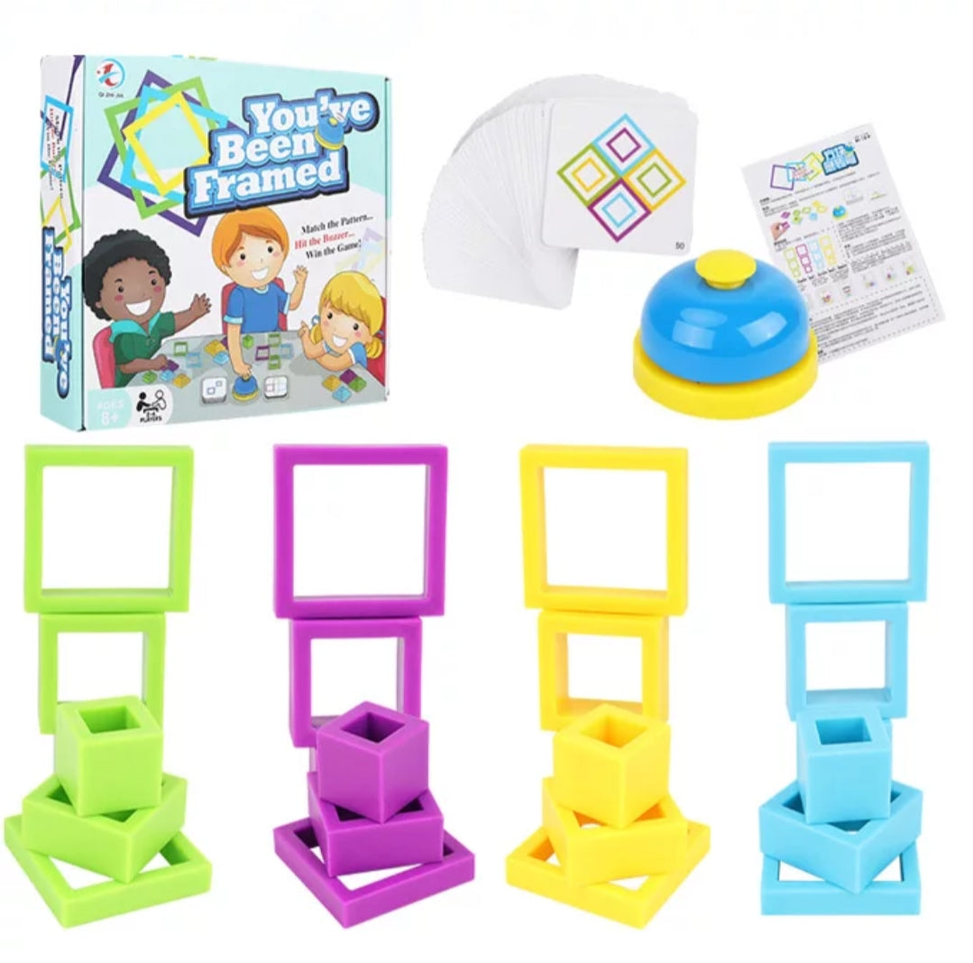 Fidtoy You Have Been Framed Intelligence Game, Pattern Matching Puzzle Game with Colorful Frames, 50 Double-Sided Cards and Buzzer-Style Play for 2-4 Players Ages 6+