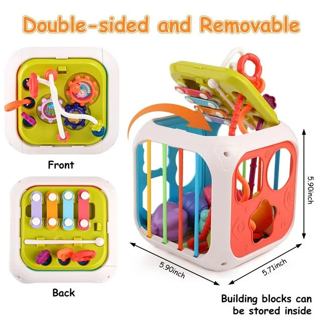 Fidtoy 7-in-1 Multifunctional Shape Sorting Box for Toddlers, Montessori Activity Cube with Shape Sorter, Beads, Gears, Pull String and Stacking Blocks