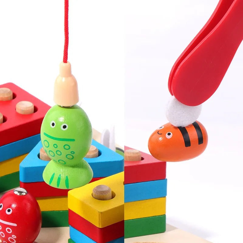 Fidtoy 3 in 1 Bee Clipping and Magnetic Fishing Four Column Shape Kit, Wooden Shape Sorting and Fine Motor Learning Toy Ages 2-6