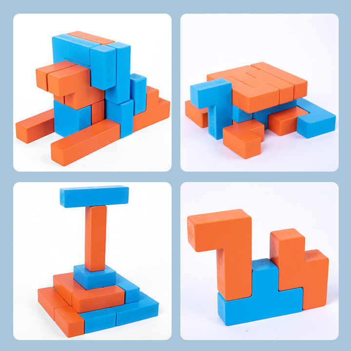 Fidtoy Shape Matching Cube Building Blocks for Kids Ages 3-8, Wooden Pattern Matching Puzzle Game with Orange and Blue Blocks, 54 Model Cards, Spatial Reasoning and Fine Motor Building Play