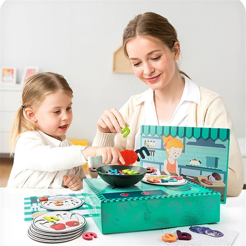 Fidtoy Wooden Alphabet Spelling Pretend Cooking Toy for Kids Preschool Learning Letter Matching Game