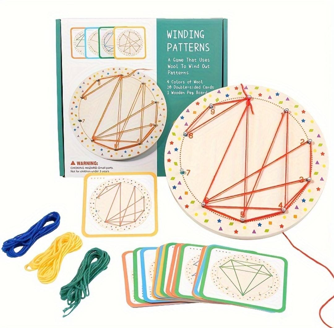 Fidtoy Wooden Geoboard Thread Winding Pattern Kit Montessori Lacing Board with 20 Double-Sided Cards and 3 Threads for Kids Ages 3+