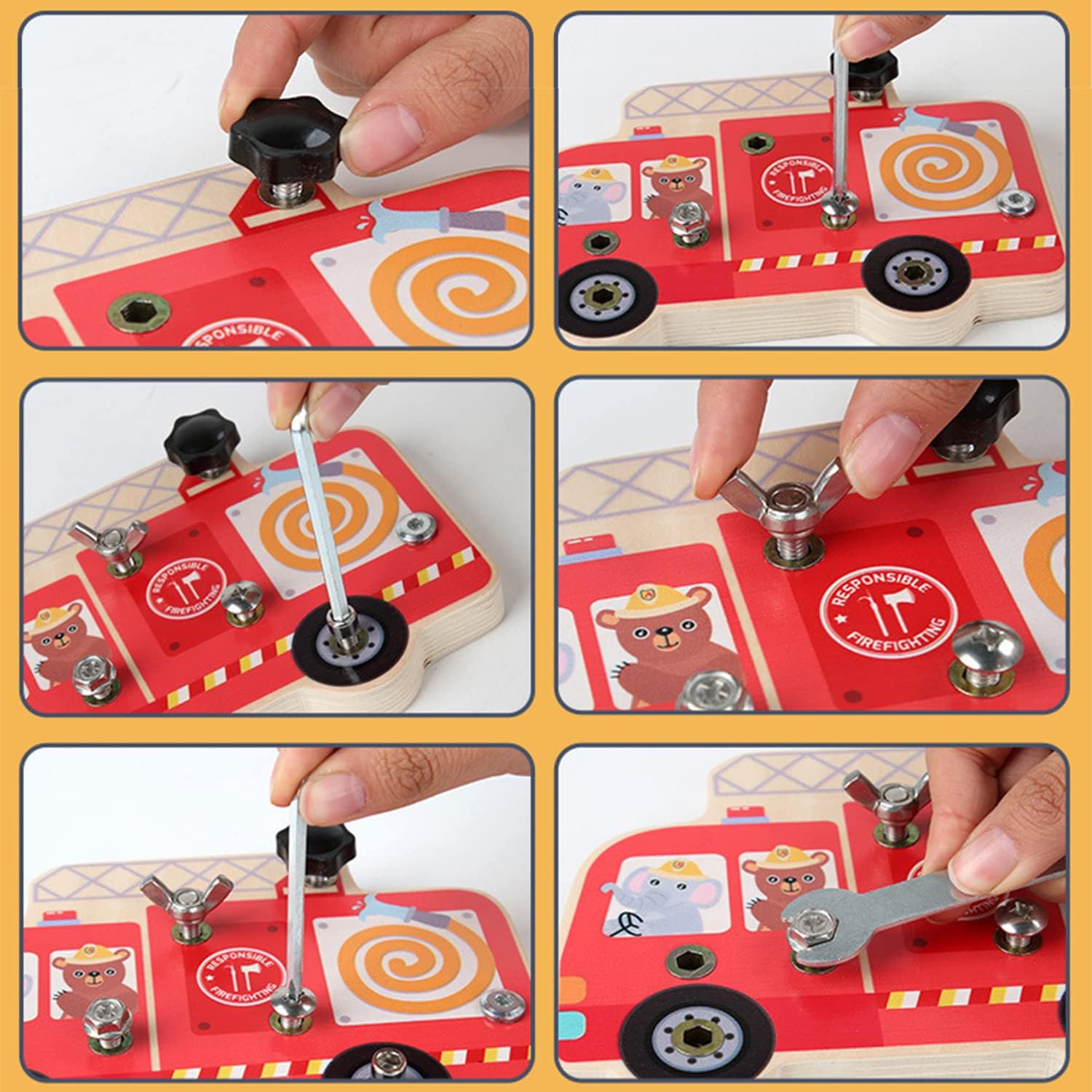 Fidtoy Wooden Montessori Disassembly Fire Truck Screw Board Fine Motor Tool Toy for Kids Ages 3+